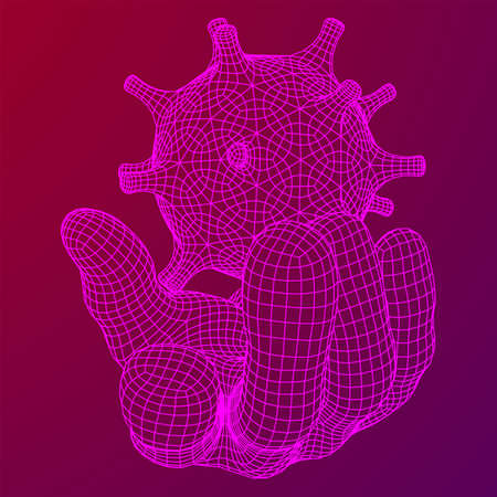 Human Arm Hand with Corona Virus virion of Coronavirus. Connection structure. Vector low poly wireframe mesh illustrationのイラスト素材