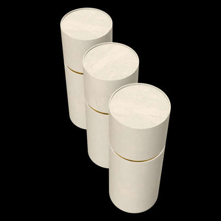 Kraft paper cardboard tube package with gold part mock up. 3d render on black background.の写真素材