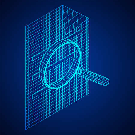 Document file with magnifying glass. Business search concept. Wireframe low poly mesh vector illustrationのイラスト素材