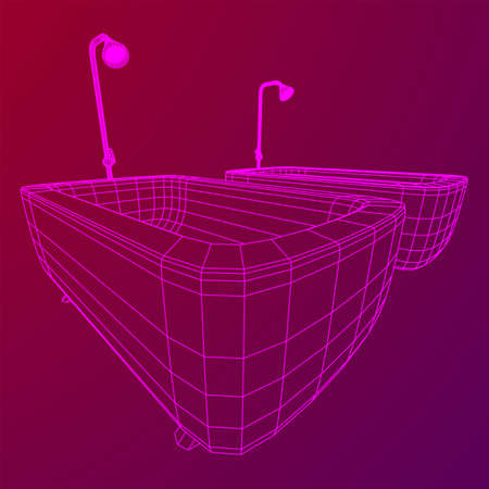 Bath tub with legs and shower. Sanitary concept. Wireframe low poly mesh vector illustration.のイラスト素材