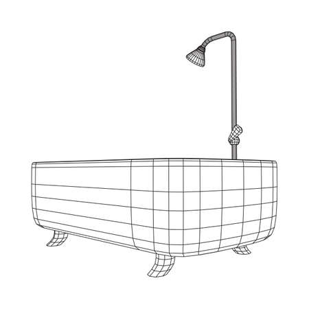 Bath tub with legs and shower. Sanitary concept. Wireframe low poly mesh vector illustration.のイラスト素材