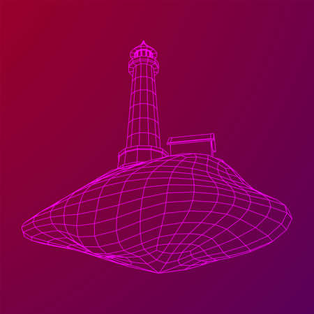 Lighthouse on rock stones island landscape. Navigation Beacon building. Wireframe low poly mesh vector illustration.のイラスト素材