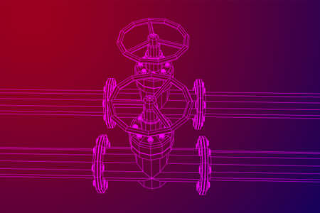 Oil pipeline with valve business concept. Finance economy polygonal petrol production. Petroleum fuel industry transportation line. Wireframe low poly mesh vector illustration.の写真素材