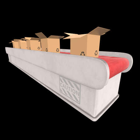 Conveyor belt section with open boxes. Factory production equipment. 3d render on black background.