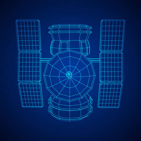 Space station communications satellite. Wireframe low poly mesh vector illustration.