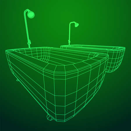 Bath tub with legs and shower. Sanitary concept. Wireframe low poly mesh vector illustration.のイラスト素材
