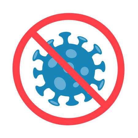 Corona Virus with prohibition forbidden sign flat. Virion of Coronavirus. Vector illustration symbol.のイラスト素材