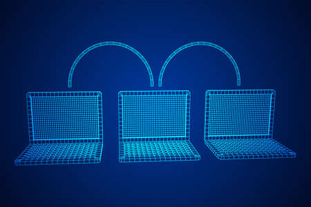 Laptop chain. Blockchain big data flow information. Wireframe low poly mesh vector illustration