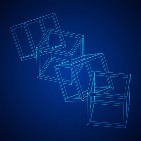 Blockchain cube chain. Square big data flow information. Wireframe low poly mesh vector illustration.のイラスト素材