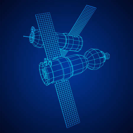 Space station communications satellite. Wireframe low poly mesh vector illustration.のイラスト素材