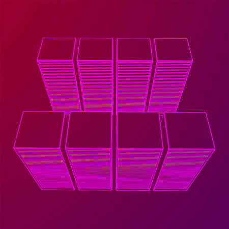 Data center storage room object. Hardware equipment telecommunication server. Computer database tower. Internet industry cluster. Wireframe low poly mesh 3d render illustrationのイラスト素材