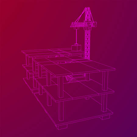 Building under construction with crane. Build house construct in process. Wireframe low poly mesh vector illustrationのイラスト素材