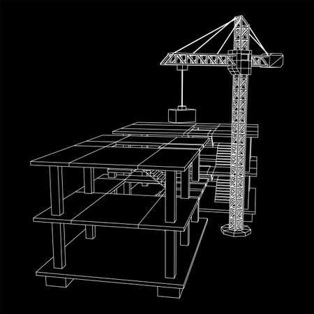 Building under construction with crane. Build house construct in process. Wireframe low poly mesh vector illustrationのイラスト素材