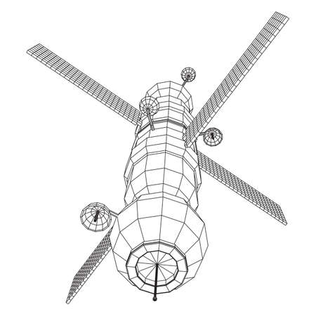 Space station communications satellite. Wireframe low poly mesh vector illustration.のイラスト素材