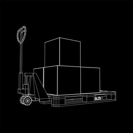 Hand pallet jack lift with pallet and stacked goods cardboard boxes. Manual forklift. Logistics shipping concept. Wireframe low poly mesh vector illustration.のイラスト素材