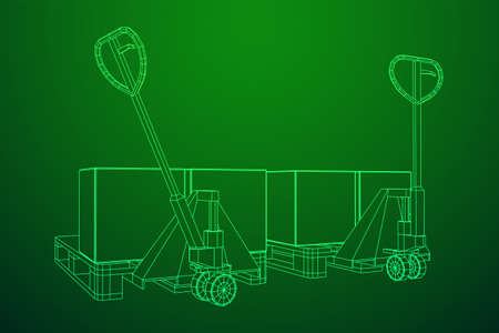 Hand pallet jack lift with pallet and stacked goods cardboard boxes. Manual forklift. Logistics shipping concept. Wireframe low poly mesh vector illustration.のイラスト素材