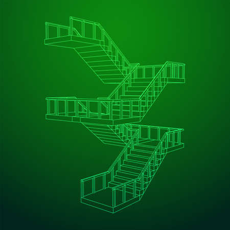 Wireframe stairs, interior staircases steps with railing. Wireframe low poly mesh vector illustration.のイラスト素材