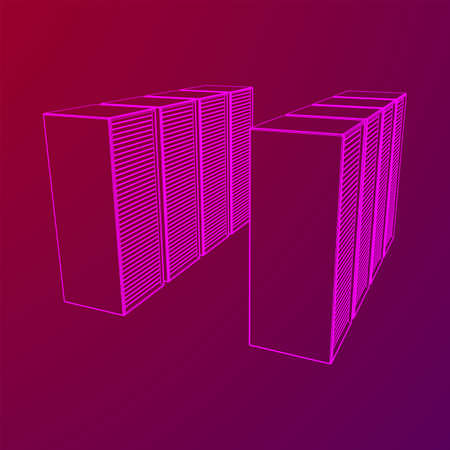 Data center storage room object. Hardware equipment telecommunication server. Computer database tower. Internet industry cluster. Wireframe low poly mesh 3d render illustrationのイラスト素材