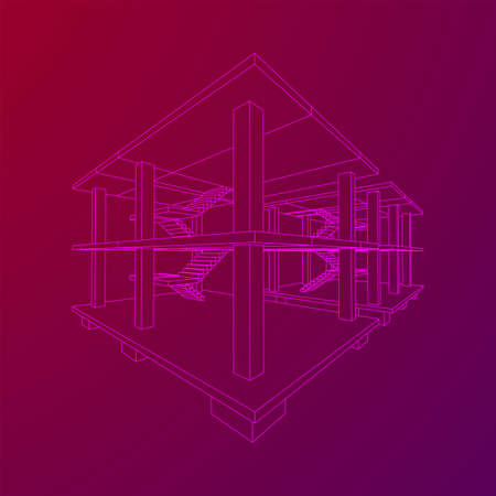 Building under construction. Build house construct in process. Wireframe low poly mesh vector illustrationのイラスト素材