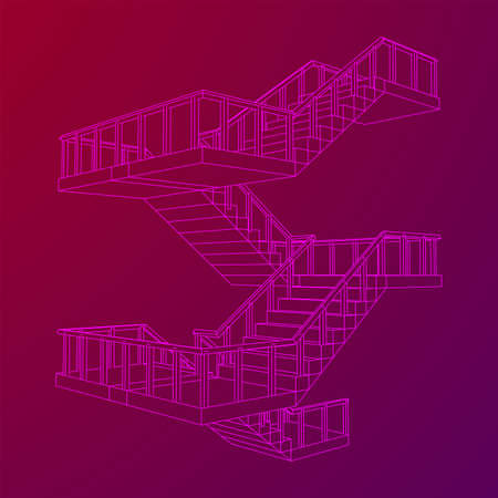Wireframe stairs, interior staircases steps with railing. Wireframe low poly mesh vector illustration.のイラスト素材