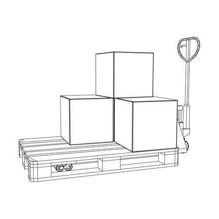 Hand pallet jack lift with pallet and stacked goods cardboard boxes. Manual forklift. Logistics shipping concept. Wireframe low poly mesh vector illustration.のイラスト素材