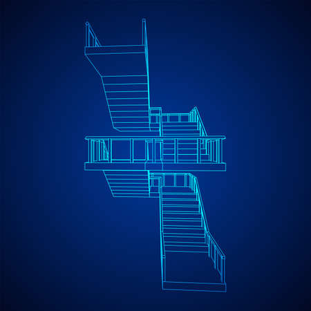 Wireframe stairs, interior staircases steps with railing. Wireframe low poly mesh vector illustration.のイラスト素材