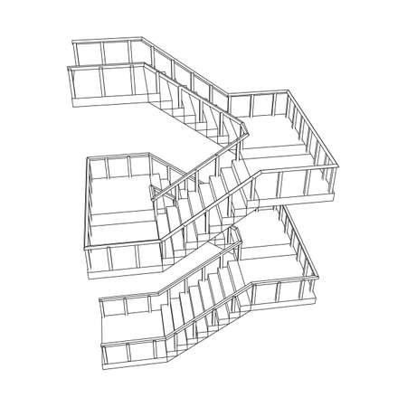 Wireframe stairs, interior staircases steps with railing. Wireframe low poly mesh vector illustration.のイラスト素材