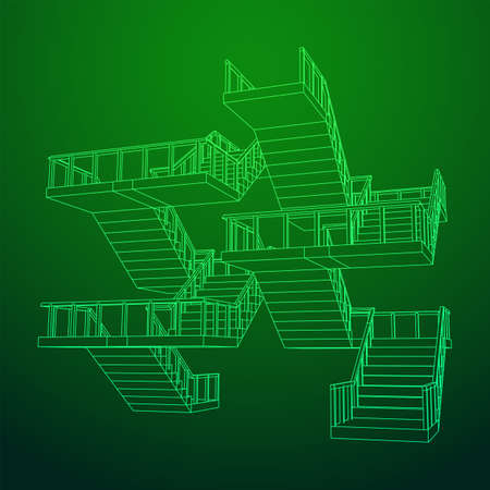 Wireframe stairs, interior staircases steps with railing. Wireframe low poly mesh vector...