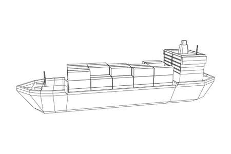 Heavy dry cargo ship of bulk carrier with freight containers. Wireframe low poly mesh vector illustration.のイラスト素材