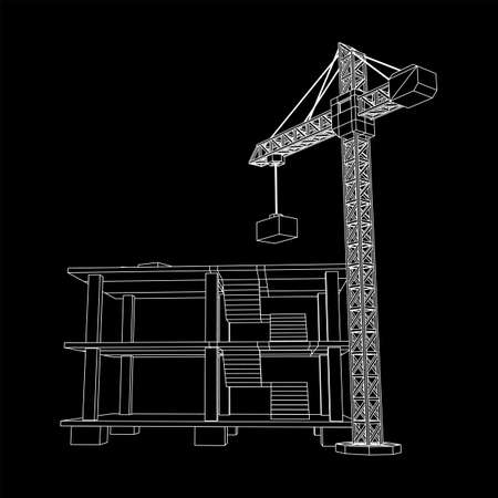 Building under construction with crane. Build house construct in process. Wireframe low poly mesh vector illustrationのイラスト素材