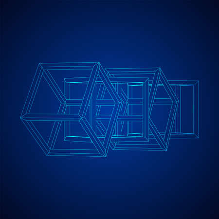 Blockchain cube chain. Square big data flow information. Wireframe low poly mesh vector illustration.のイラスト素材