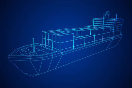 Heavy dry cargo ship of bulk carrier with freight containers. Wireframe low poly mesh vector...
