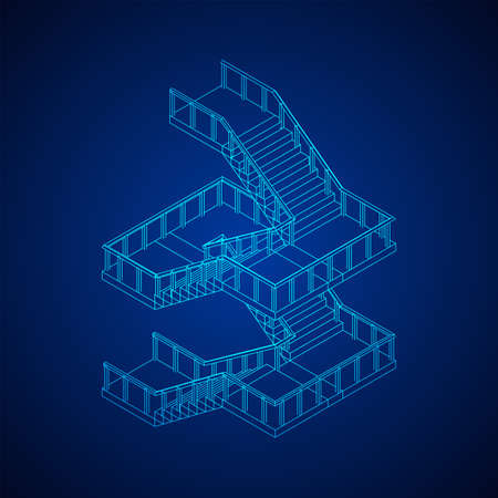 Wireframe stairs, interior staircases steps with railing. Wireframe low poly mesh vector illustration.のイラスト素材