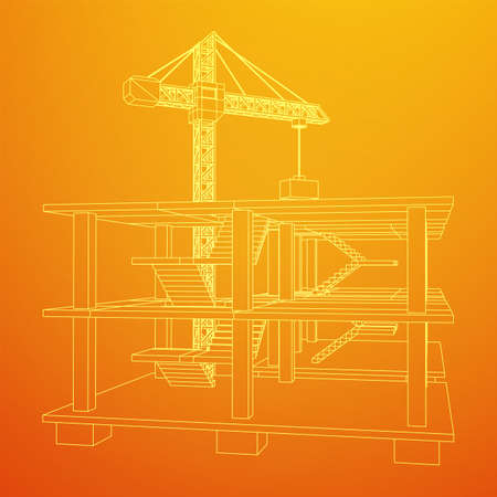 Building under construction with crane. Build house construct in process. Wireframe low poly mesh vector illustrationのイラスト素材