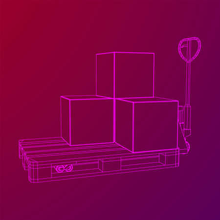 Hand pallet jack lift with pallet and stacked goods cardboard boxes. Manual forklift. Logistics shipping concept. Wireframe low poly mesh vector illustration.のイラスト素材