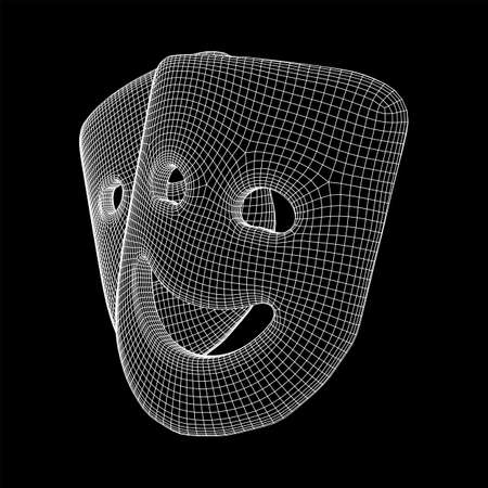 Theatrical masks tragedy and comedy character. Wireframe low poly mesh vector illustration.のイラスト素材