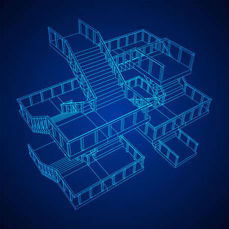 Wireframe stairs, interior staircases steps with railing. Wireframe low poly mesh vector illustration.のイラスト素材