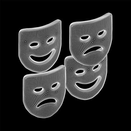 Theatrical masks tragedy and comedy character. Wireframe low poly mesh vector illustration.のイラスト素材