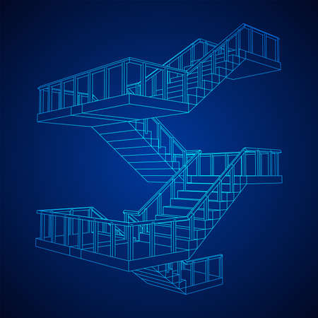 Wireframe stairs, interior staircases steps with railing. Wireframe low poly mesh vector...
