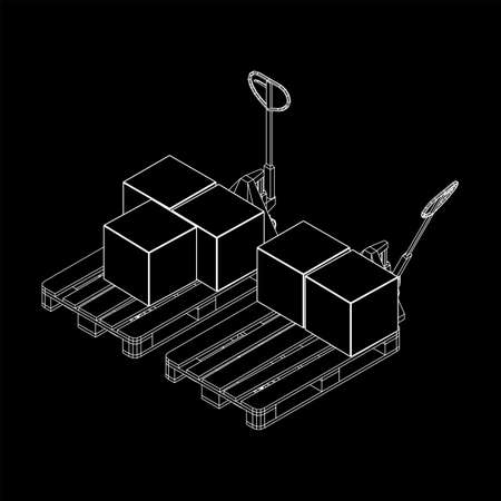 Hand pallet jack lift with pallet and stacked goods cardboard boxes. Manual forklift. Logistics shipping concept. Wireframe low poly mesh vector illustration.のイラスト素材