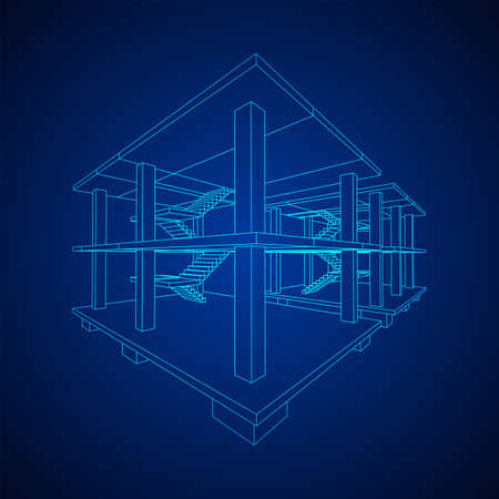 Building under construction. Build house construct in process. Wireframe low poly mesh vector illustrationのイラスト素材