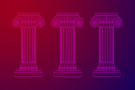 Greek ionic column. Ancient pillars roman antique architecture construction decoration. Wireframe low poly mesh vector illustration.のイラスト素材