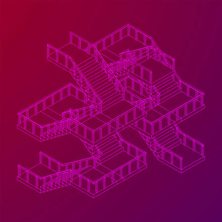 Wireframe stairs, interior staircases steps with railing. Wireframe low poly mesh vector...
