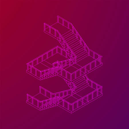 Wireframe stairs, interior staircases steps with railing. Wireframe low poly mesh vector illustration.のイラスト素材