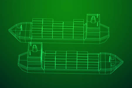 Heavy dry cargo ship of bulk carrier with freight containers. Wireframe low poly mesh vector illustration.のイラスト素材