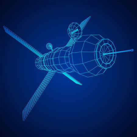 Space station communications satellite. Wireframe low poly mesh vector illustration.