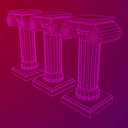 Greek ionic column. Ancient pillars roman antique architecture construction decoration. Wireframe low poly mesh vector illustration.のイラスト素材
