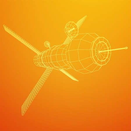 Space station communications satellite. Wireframe low poly mesh illustration.