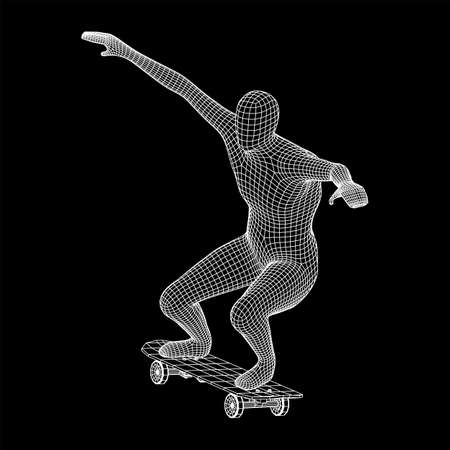 Skater doing jumping trick on skateboard. Wireframe low poly mesh vector illustration.のイラスト素材