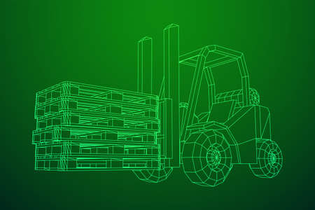 Forklift Loader lift truck with cargo pallet for warehouse. Logistics shipping concept. Wireframe low poly mesh vector illustration.のイラスト素材
